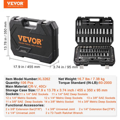 VEVOR Mechanics Tool Kit – 450 PCS, 1/4" 3/8" 1/2" Drive, SAE & Metric Sockets, Portable Hardware Set