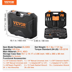 VEVOR Mechanics Tool Kit – 450 PCS, 1/4" 3/8" 1/2" Drive, SAE & Metric Sockets, Portable Hardware Set