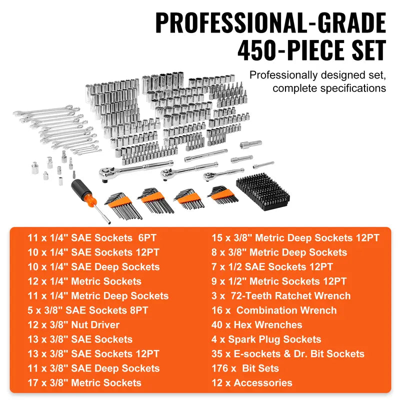 VEVOR Mechanics Tool Kit – 450 PCS, 1/4" 3/8" 1/2" Drive, SAE & Metric Sockets, Portable Hardware Set