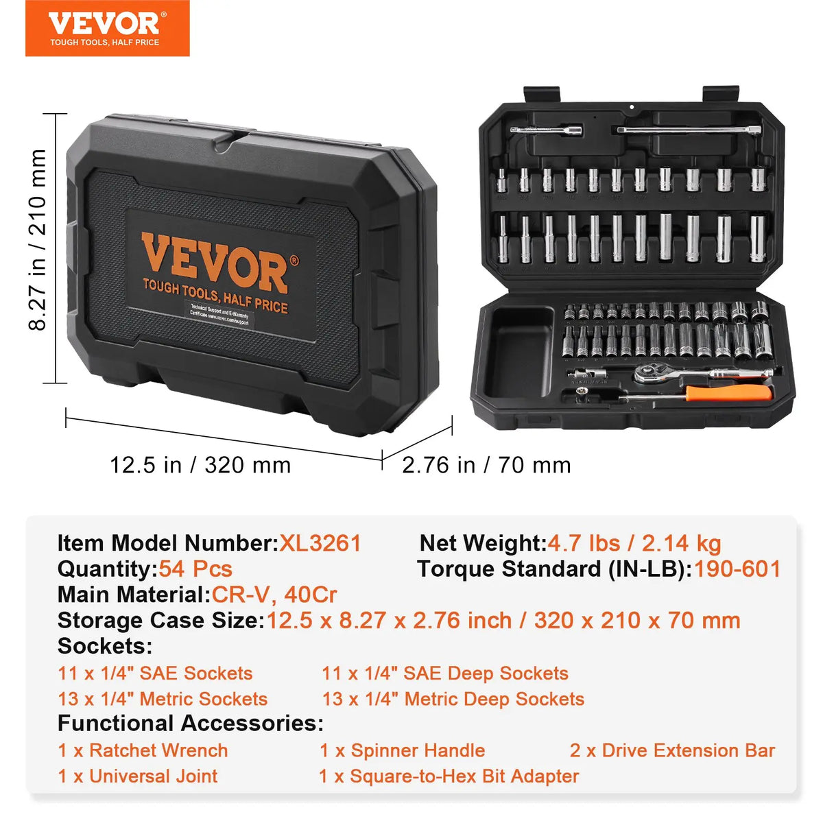 VEVOR Mechanics Tool Kit – 450 PCS, 1/4" 3/8" 1/2" Drive, SAE & Metric Sockets, Portable Hardware Set