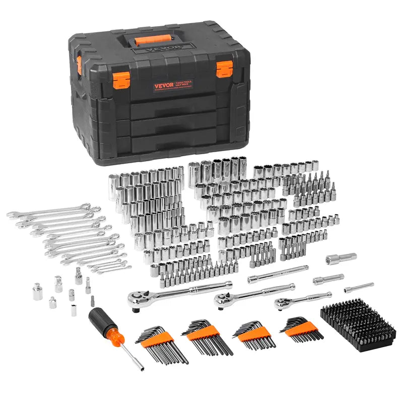 VEVOR Mechanics Tool Kit – 450 PCS, 1/4" 3/8" 1/2" Drive, SAE & Metric Sockets, Portable Hardware Set