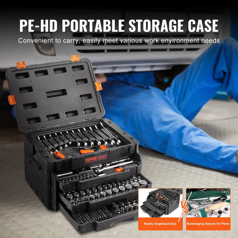 VEVOR Mechanics Tool Kit – 450 PCS, 1/4" 3/8" 1/2" Drive, SAE & Metric Sockets, Portable Hardware Set