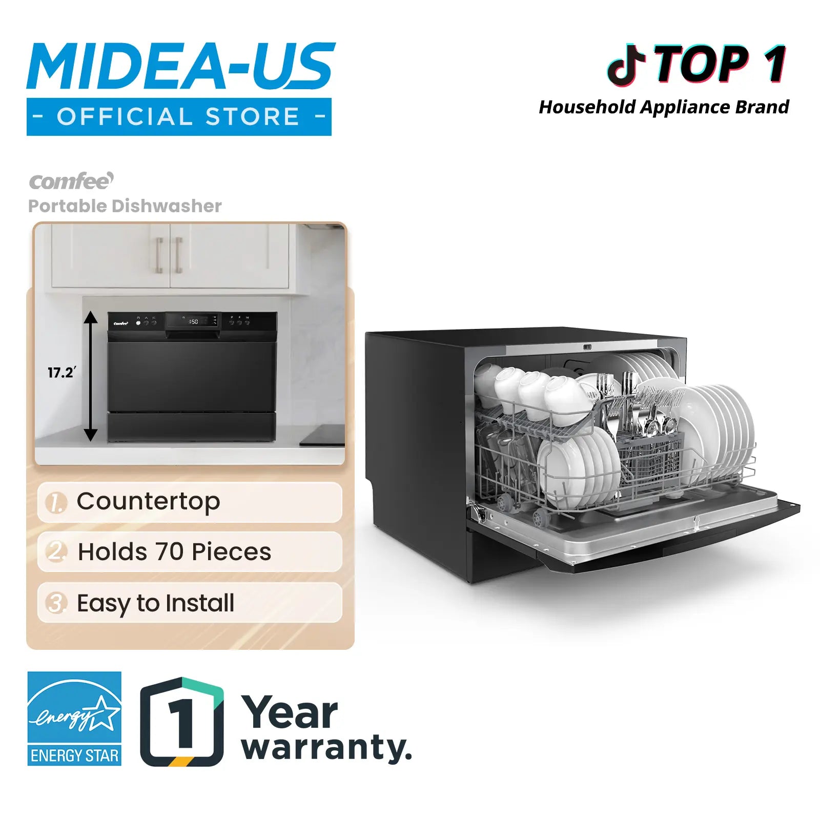 Compact Countertop Dishwasher – 6 Place Capacity | 8 Smart Wash Modes (ECO, Glass, Baby Care) | Energy Efficient & Space-Saving