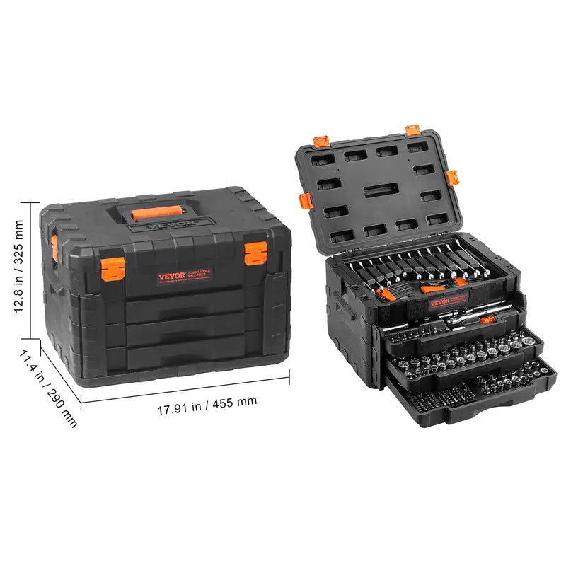 VEVOR Mechanics Tool Kit – 450 PCS, 1/4" 3/8" 1/2" Drive, SAE & Metric Sockets, Portable Hardware Set