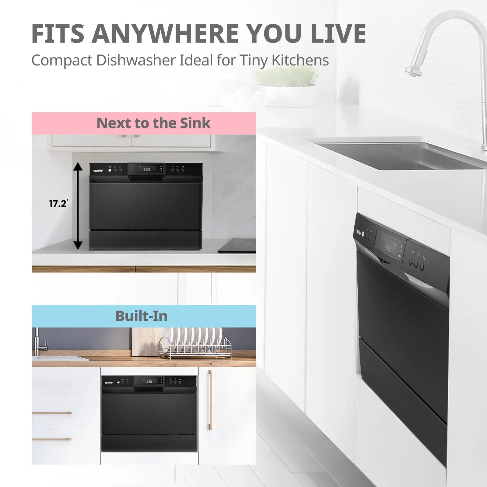 Compact Countertop Dishwasher – 6 Place Capacity | 8 Smart Wash Modes (ECO, Glass, Baby Care) | Energy Efficient & Space-Saving