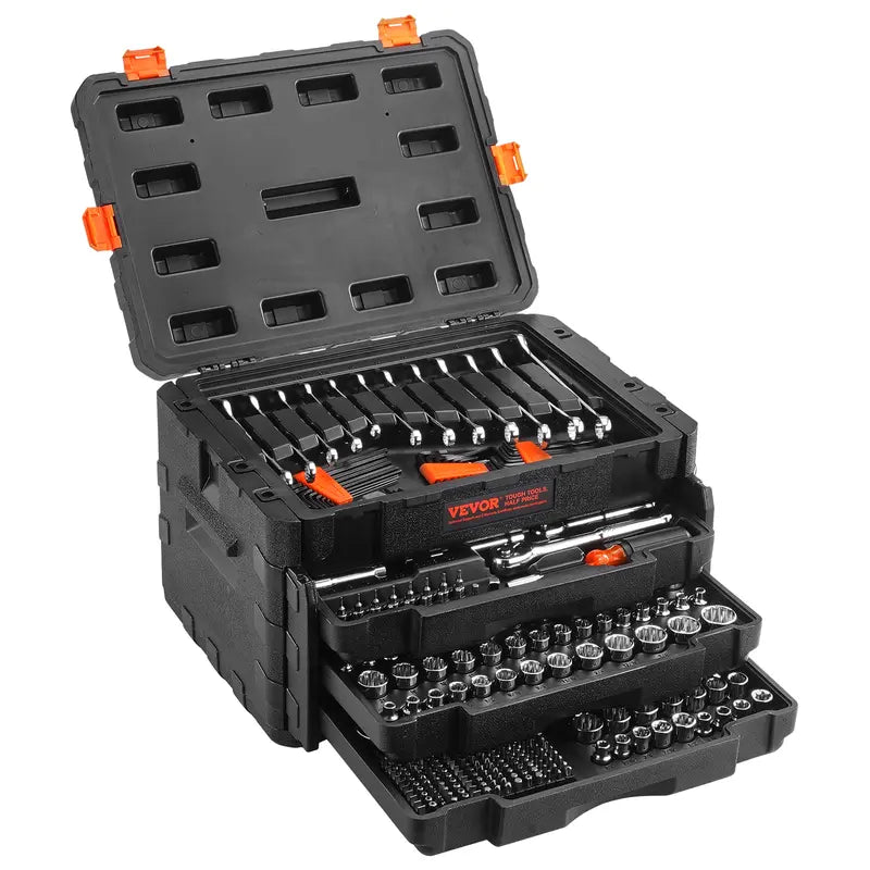 VEVOR Mechanics Tool Kit – 450 PCS, 1/4" 3/8" 1/2" Drive, SAE & Metric Sockets, Portable Hardware Set