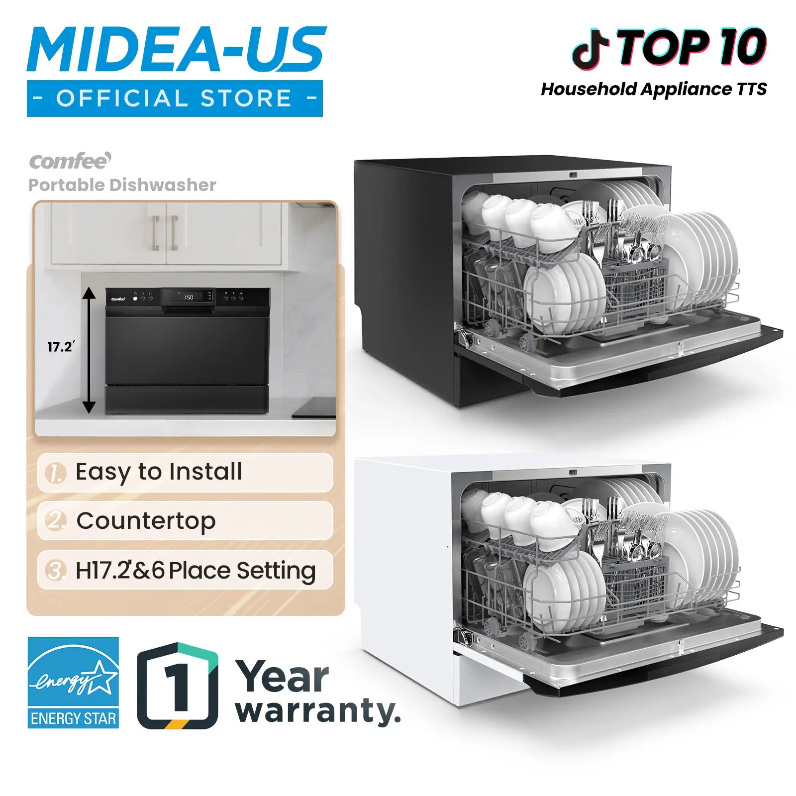 Compact Countertop Dishwasher – 6 Place Capacity | 8 Smart Wash Modes (ECO, Glass, Baby Care) | Energy Efficient & Space-Saving